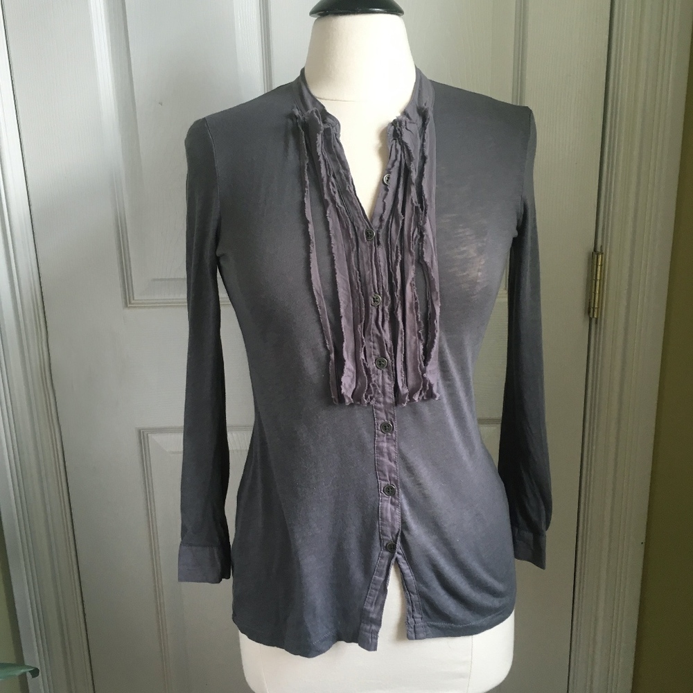 J Crew Ruffle Front Button Down Top Gray